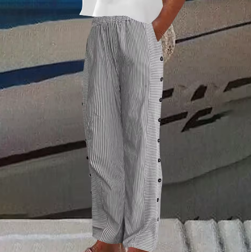 Sharon | Comfortable Striped Loose Fit Summer Pants – Khaki | The Bellemont Sisters Australia