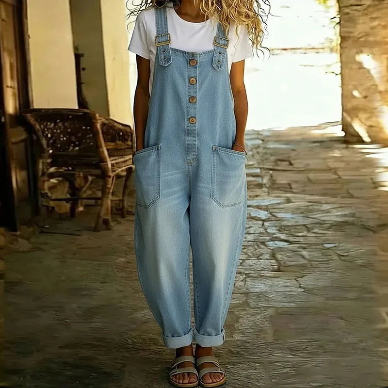 Mara - Vintage Soft Cotton Denim-Look Overalls with Adjustable straps – Light Blue | The Bellemont Sisters Australia
