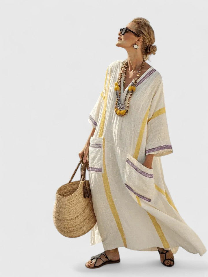 Kyvanna | Elegant Maxi Dress – Beige Yellow | The Bellemont Sisters Australia
