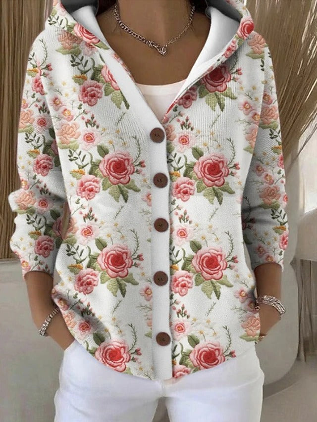 Jenna | Elegant  Button Hooded Sweater – Floral White | The Bellemont Sisters Australia