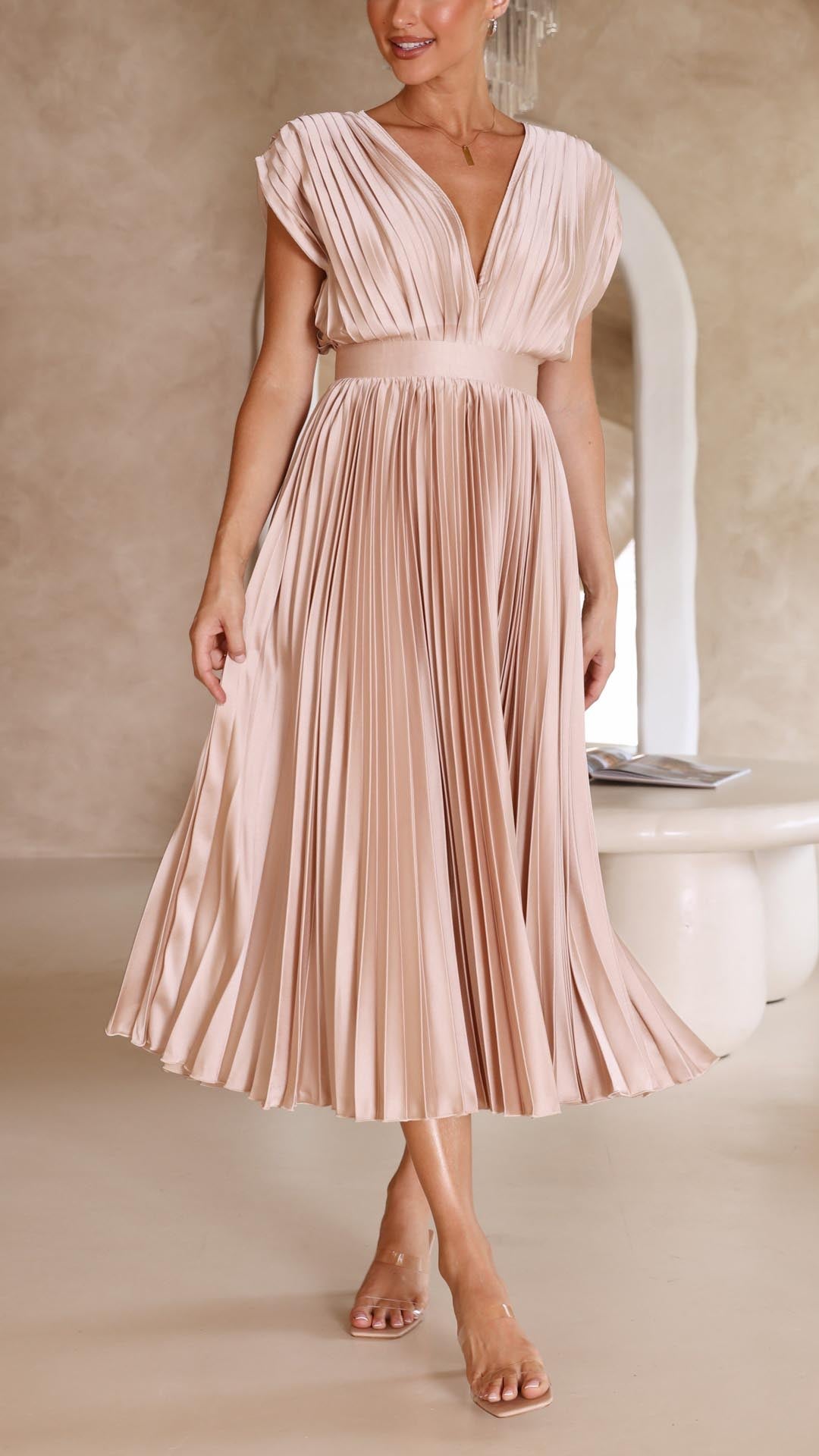 Ella | Women’s Classic Pleated Maxi Dress – Champagne | The Bellemont Sisters Australia