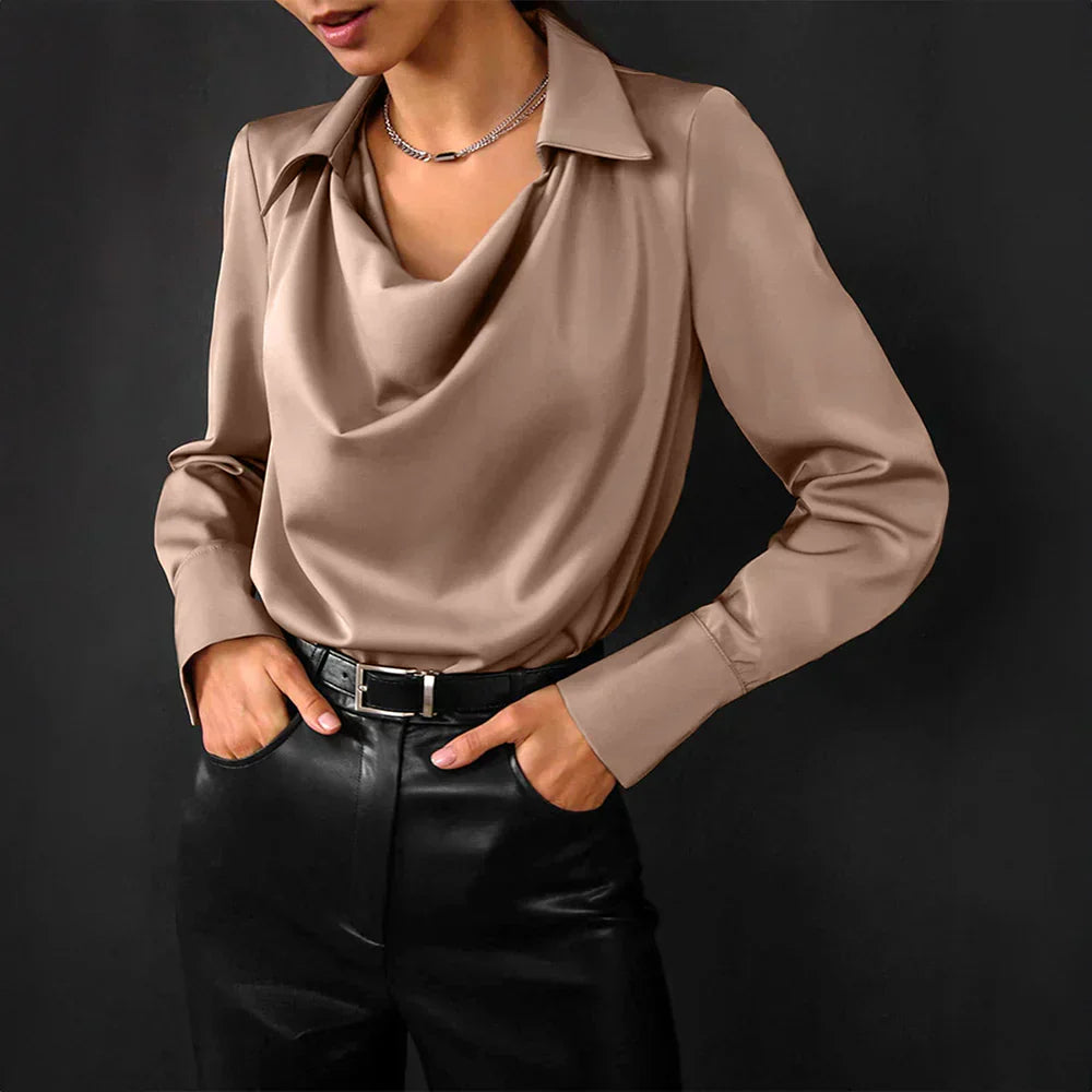 Samantha | Women’s Drape Neck Long Sleeve Satin Blouses – Bronze | The Bellemont Sisters Australia