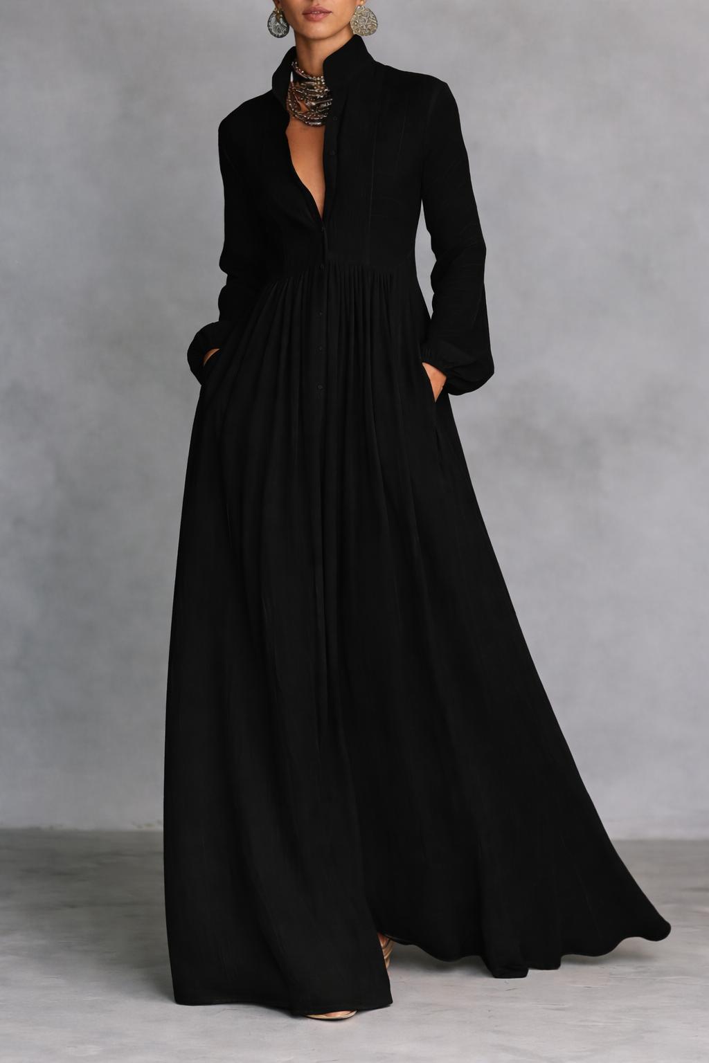Serena | Flowing Button-Front Maxi Dress – Black (Almost sold out) | The Bellemont Sisters Australia