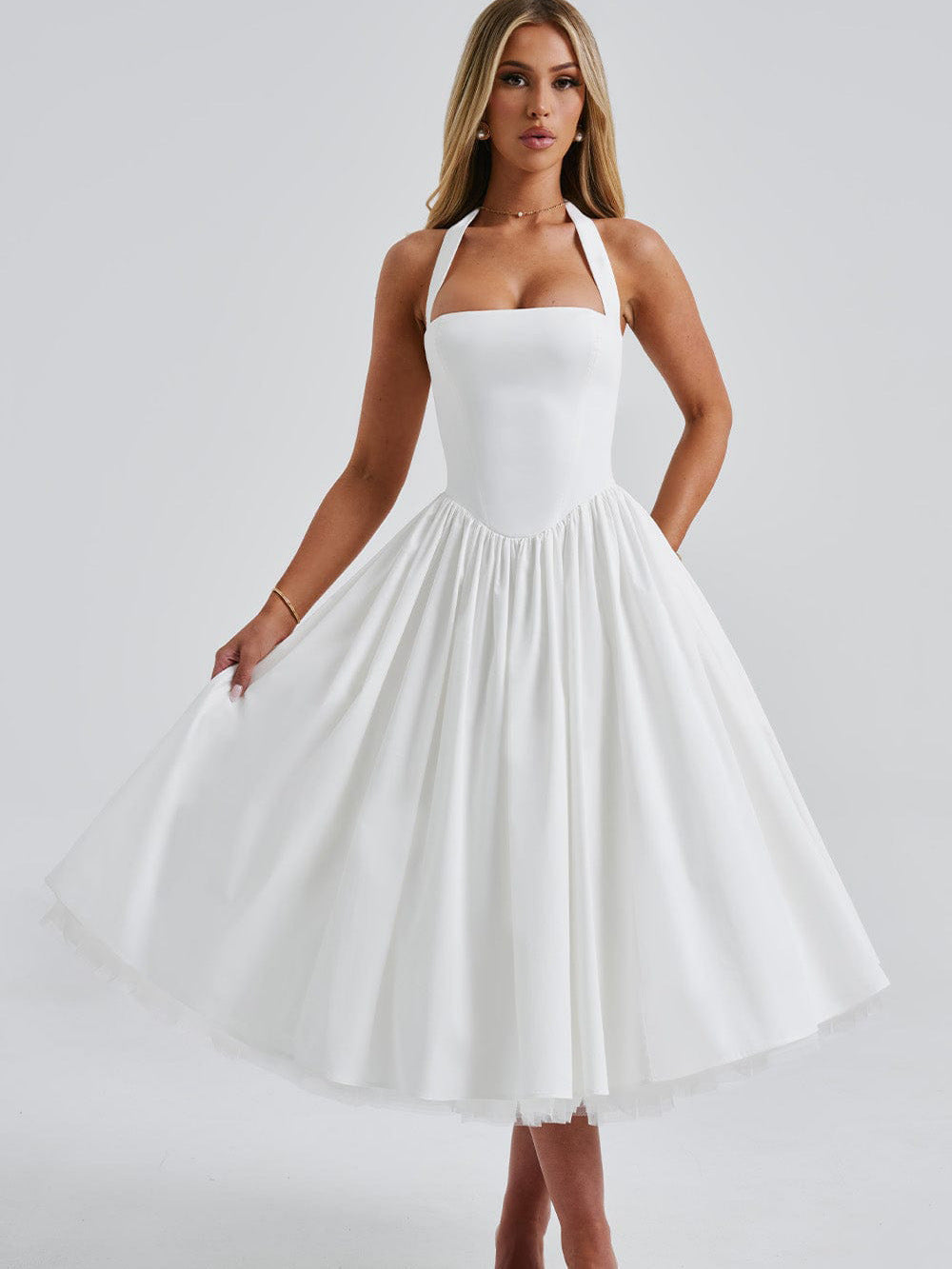 Isabella - Halter Corset Tulle Midi Dress – White | The Bellemont Sisters Australia