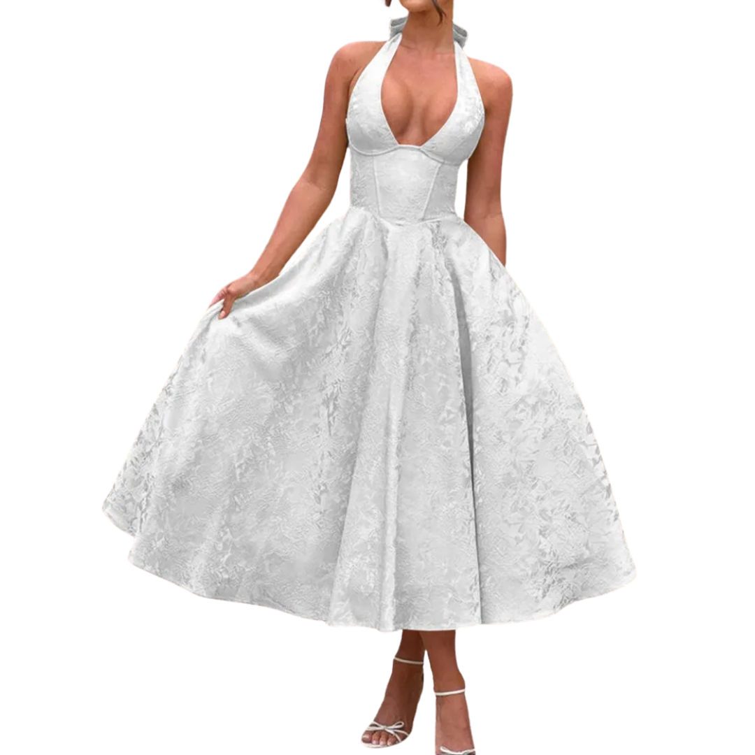 VIOLAINE™ – Embroidered Halter V-Neck Evening Dress – White | The Bellemont Sisters Australia