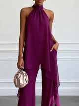 Purple Halter Sleeveless Elegant Top With Pants Two-Piece Set | The Bellemont Sisters Australia