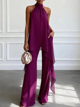 Purple Halter Sleeveless Elegant Top With Pants Two-Piece Set – Purple | The Bellemont Sisters Australia