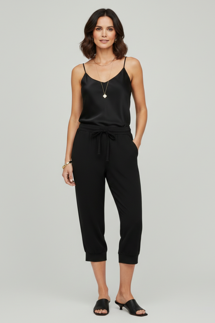 Audrey | Women’s Capri Trousers with Drawstring Waist and Side Pockets – Black | The Bellemont Sisters Australia