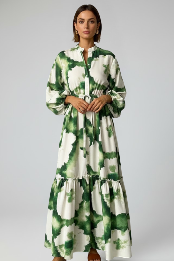 Penelope | Women’s Long Sleeve Printed Maxi Dress with V-Neck – Green | The Bellemont Sisters Australia