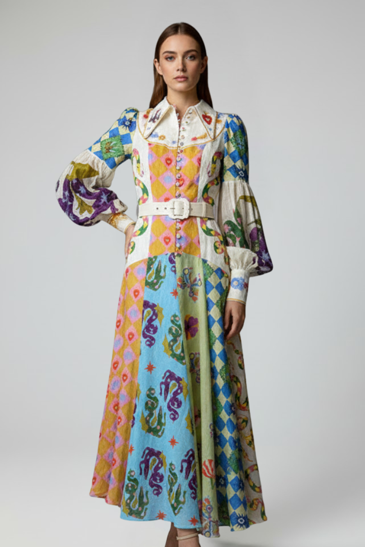 Penelope | Women’s Long Sleeve Printed Maxi Dress with V-Neck – MultiColoured | The Bellemont Sisters Australia