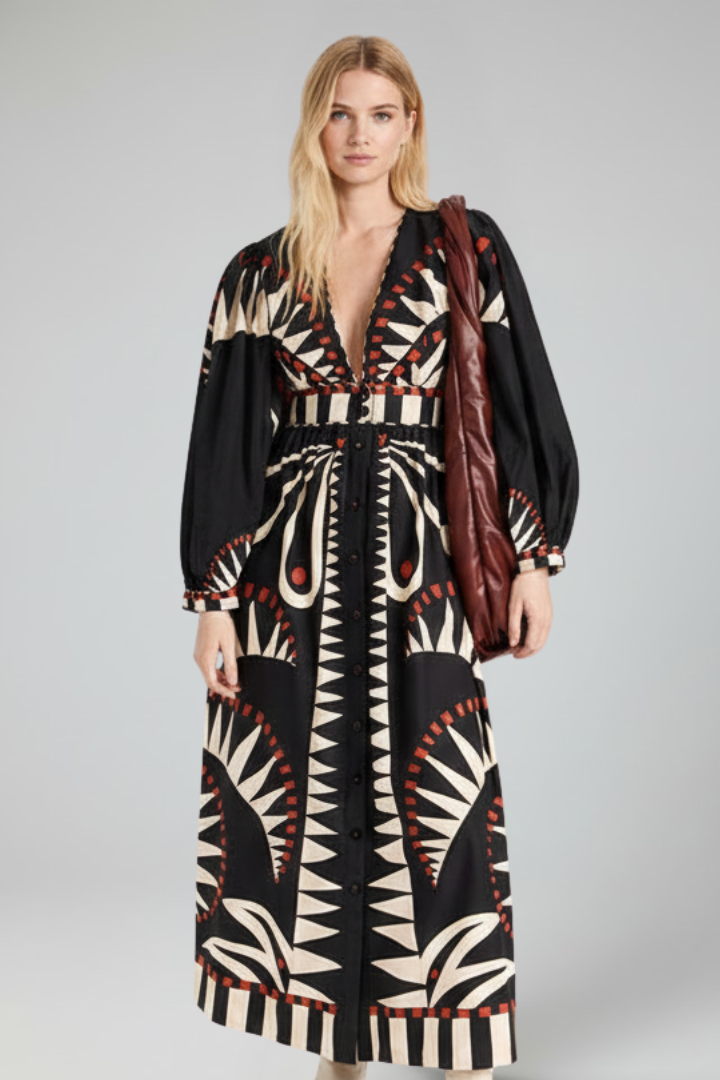 Penelope | Women’s Long Sleeve Printed Maxi Dress with V-Neck – Black | The Bellemont Sisters Australia