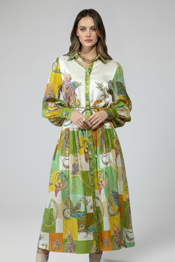 Penelope | Women’s Long Sleeve Printed Maxi Dress with V-Neck – Light Green | The Bellemont Sisters Australia