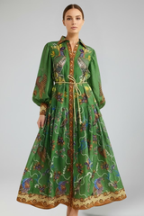 Penelope | Women’s Long Sleeve Printed Maxi Dress with V-Neck – Green Printed | The Bellemont Sisters Australia