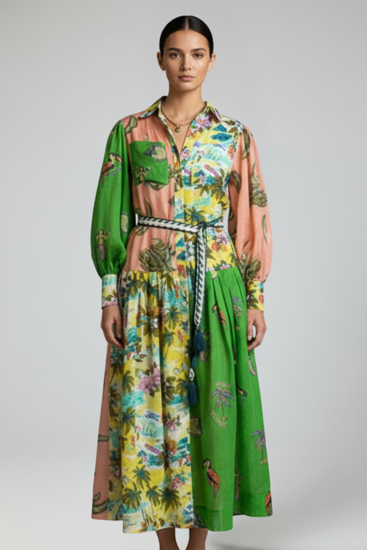 Penelope | Women’s Long Sleeve Printed Maxi Dress with V-Neck – Dark Green | The Bellemont Sisters Australia