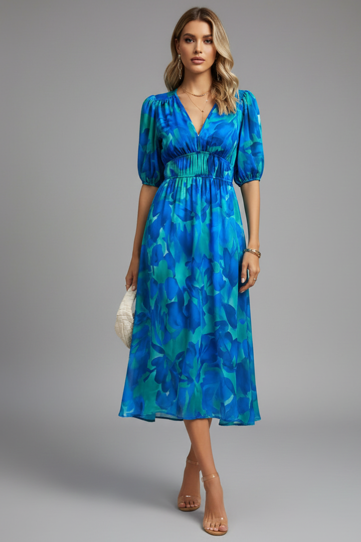 Bianca | Women’s Floral Puff Sleeve V-Neck Midi Dress – Blue | The Bellemont Sisters Australia
