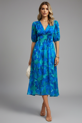 Bianca | Women’s Floral Puff Sleeve V-Neck Midi Dress – Blue | The Bellemont Sisters Australia