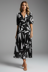 Bianca | Women’s Floral Puff Sleeve V-Neck Midi Dress – Black | The Bellemont Sisters Australia