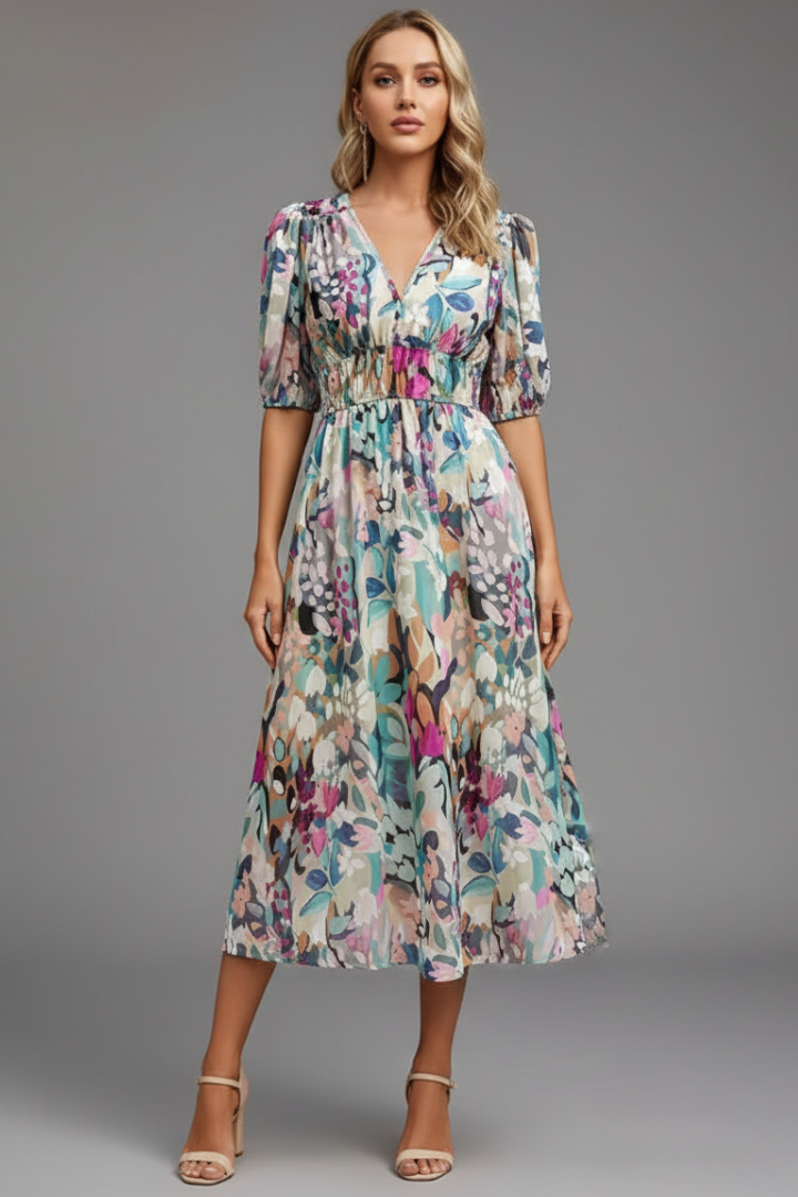 Bianca | Women’s Floral Puff Sleeve V-Neck Midi Dress – Floral | The Bellemont Sisters Australia