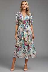 Bianca | Women’s Floral Puff Sleeve V-Neck Midi Dress – Floral | The Bellemont Sisters Australia