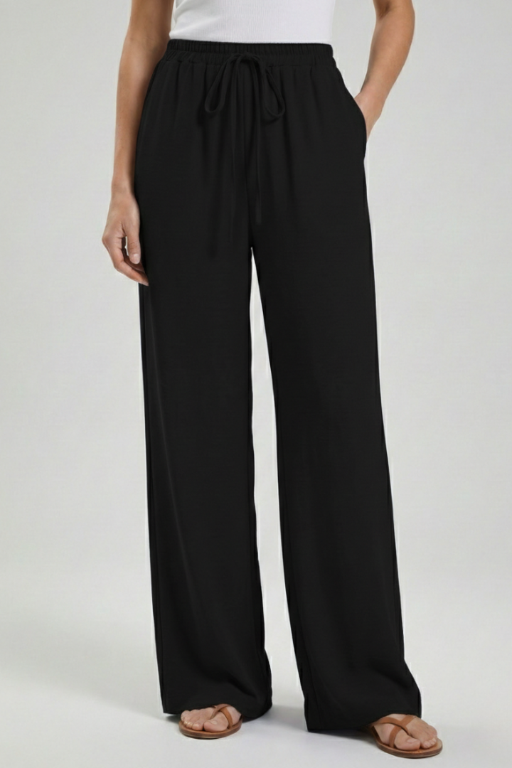 Claire | Women’s Palazzo Trousers with Drawstring Waist and Side Pockets – Black | The Bellemont Sisters Australia