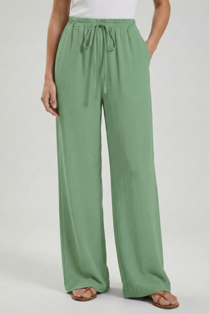 Claire | Women’s Palazzo Trousers with Drawstring Waist and Side Pockets – Bean Green | The Bellemont Sisters Australia