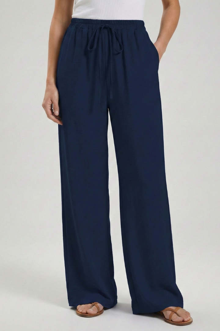 Claire | Women’s Palazzo Trousers with Drawstring Waist and Side Pockets – Dark Blue | The Bellemont Sisters Australia