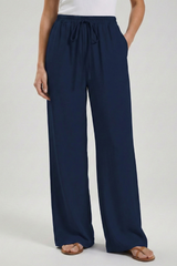 Claire | Women’s Palazzo Trousers with Drawstring Waist and Side Pockets – Dark Blue | The Bellemont Sisters Australia