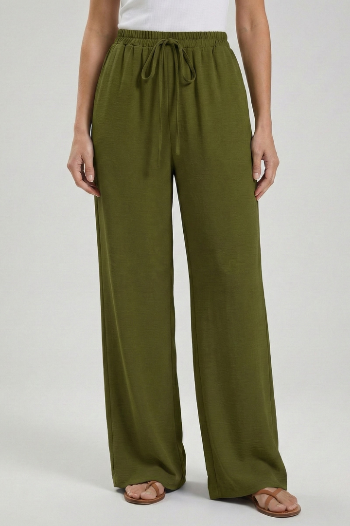 Claire | Women’s Palazzo Trousers with Drawstring Waist and Side Pockets – Olive Green | The Bellemont Sisters Australia