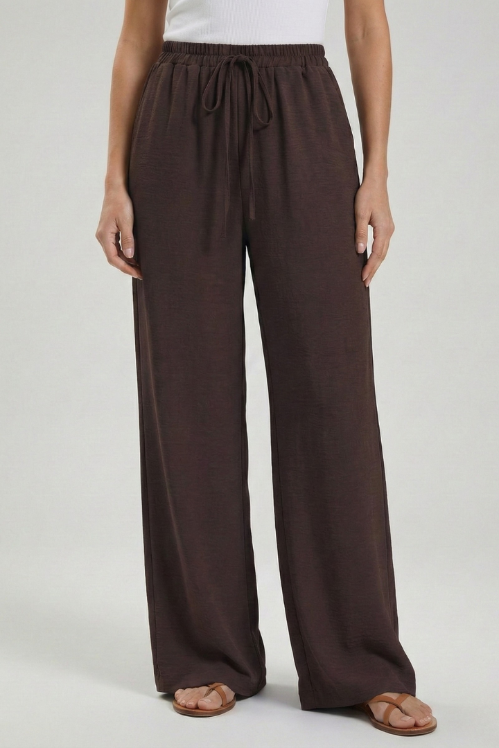 Claire | Women’s Palazzo Trousers with Drawstring Waist and Side Pockets – Dark Brown | The Bellemont Sisters Australia