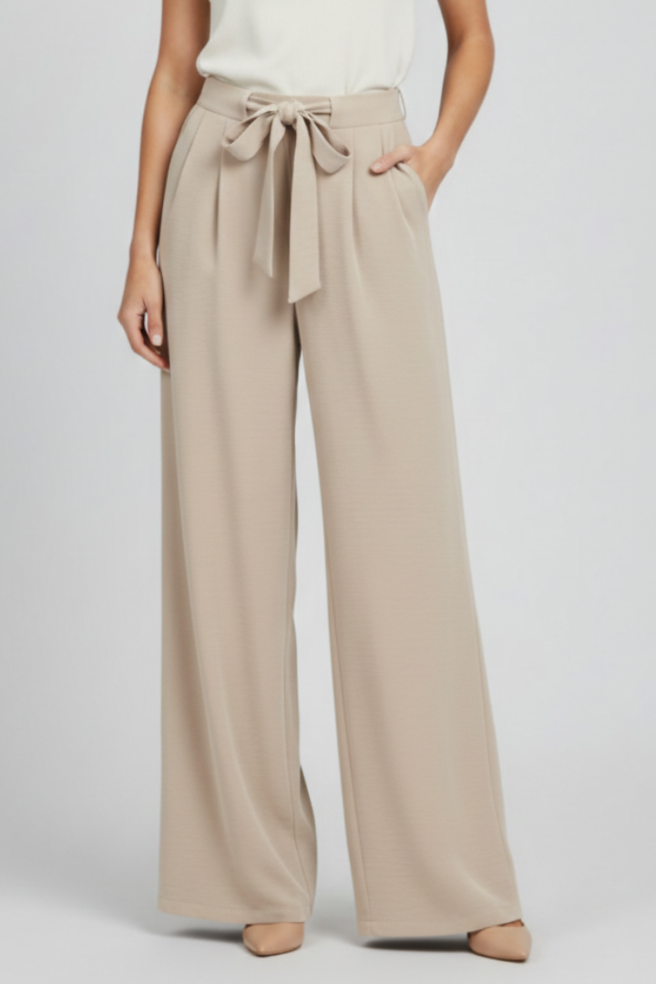 Evelyn | Women’s Wide-Leg Drawstring Waist Palazzo Trousers – Apricot | The Bellemont Sisters Australia