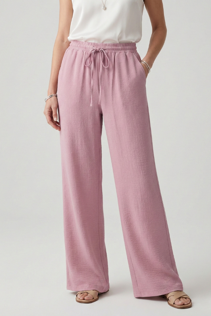 Caroline | Women’s Casual Palazzo Trousers with Drawstring Waist and Side Pockets – Pink | The Bellemont Sisters Australia