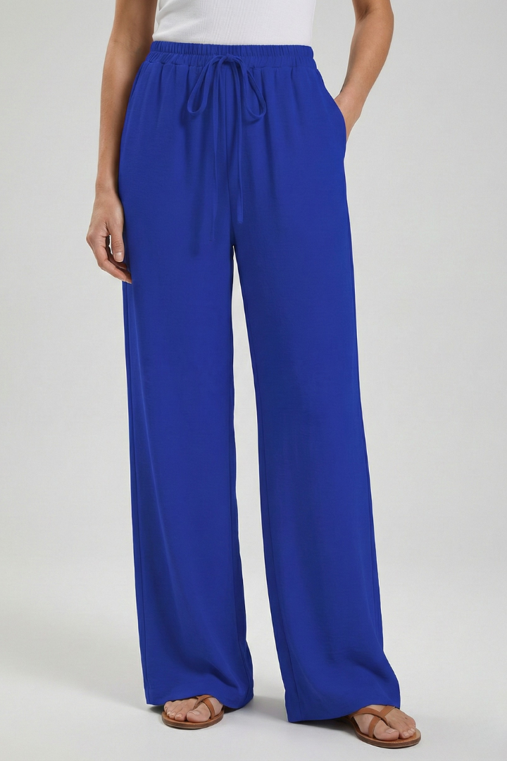 Claire | Women’s Palazzo Trousers with Drawstring Waist and Side Pockets – Blue | The Bellemont Sisters Australia