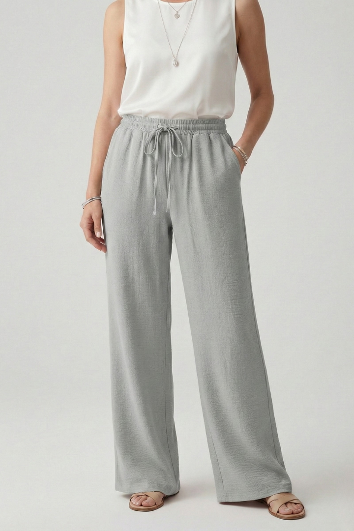 Caroline | Women’s Casual Palazzo Trousers with Drawstring Waist and Side Pockets – Grey | The Bellemont Sisters Australia
