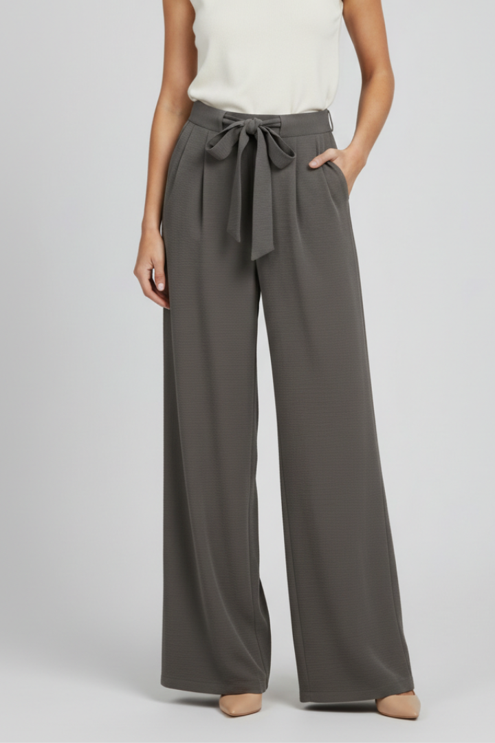 Evelyn | Women’s Wide-Leg Drawstring Waist Palazzo Trousers – Grey | The Bellemont Sisters Australia