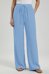 Claire | Women’s Palazzo Trousers with Drawstring Waist and Side Pockets – Light Blue | The Bellemont Sisters Australia