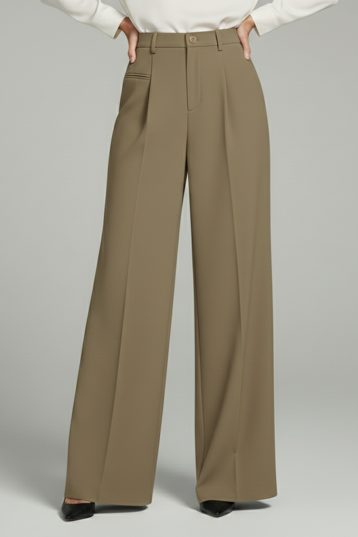 Blair | Women’s Palazzo Trousers with Front Pleats and Back Pockets – Khaki | The Bellemont Sisters Australia
