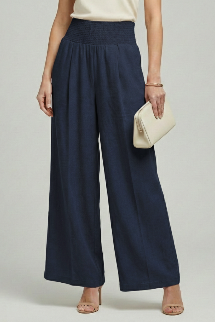 Charlotte | Women’s Palazzo Trousers with High Waist and Pleats – Dark Blue | The Bellemont Sisters Australia