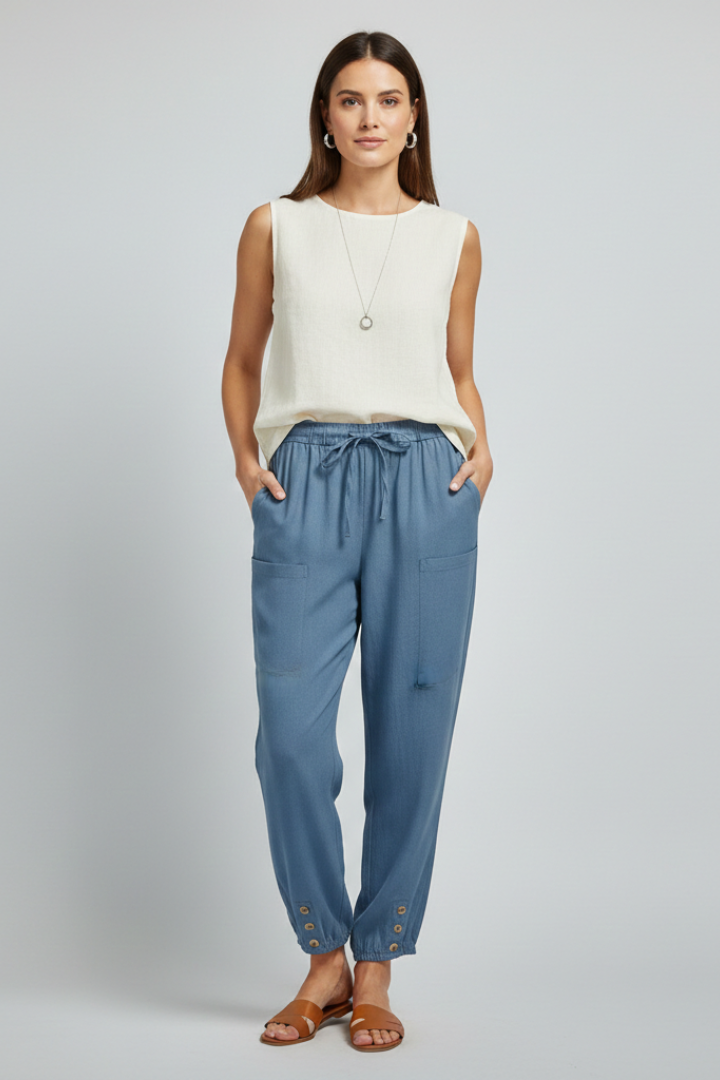 Anna | Women’s Trousers with Drawstring Waist and Button Hem – Blue | The Bellemont Sisters Australia