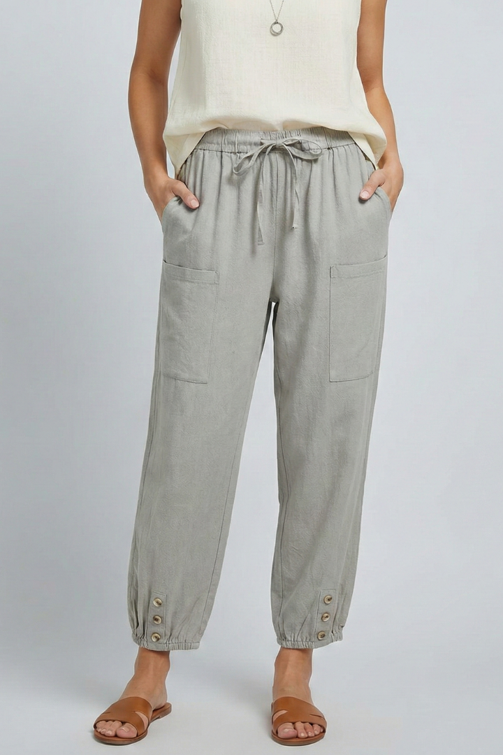 Anna | Women’s Trousers with Drawstring Waist and Button Hem – Light Grey | The Bellemont Sisters Australia