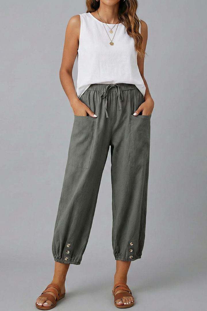 Anna | Women’s Trousers with Drawstring Waist and Button Hem – Dark Grey | The Bellemont Sisters Australia
