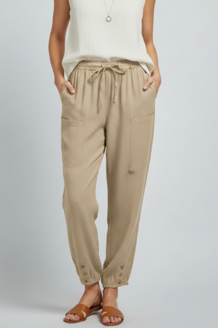 Anna | Women’s Trousers with Drawstring Waist and Button Hem – Khaki | The Bellemont Sisters Australia