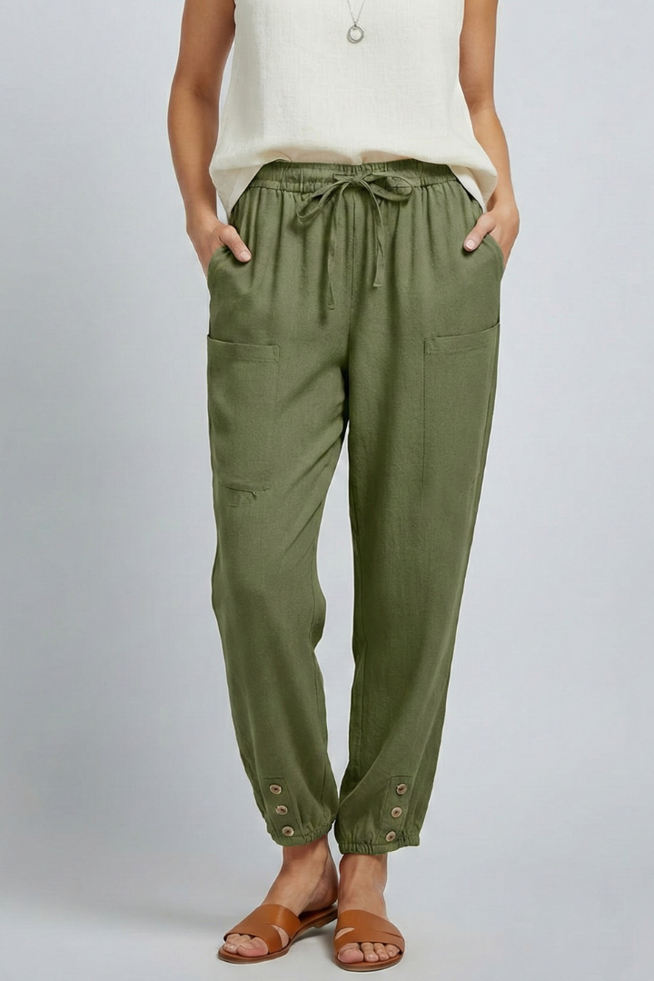 Anna | Women’s Trousers with Drawstring Waist and Button Hem – Army Green | The Bellemont Sisters Australia
