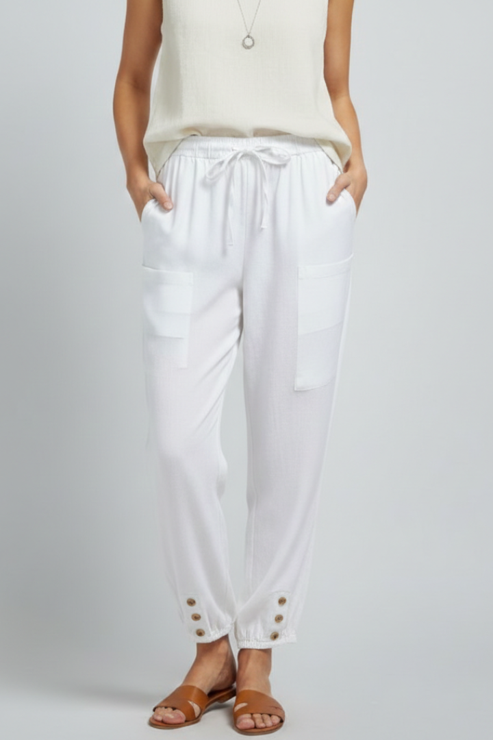 Anna | Women’s Trousers with Drawstring Waist and Button Hem – White | The Bellemont Sisters Australia