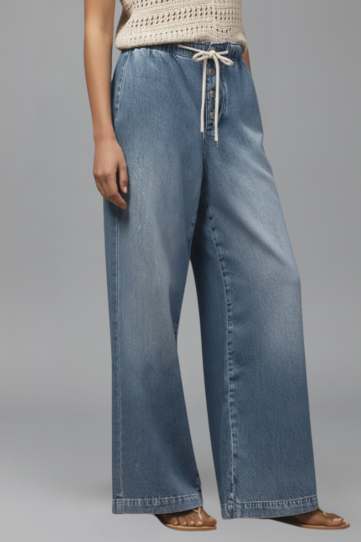 Lauren | Women’s Relaxed Wide-Leg Drawstring Denim Jeans – Light Blue | The Bellemont Sisters Australia