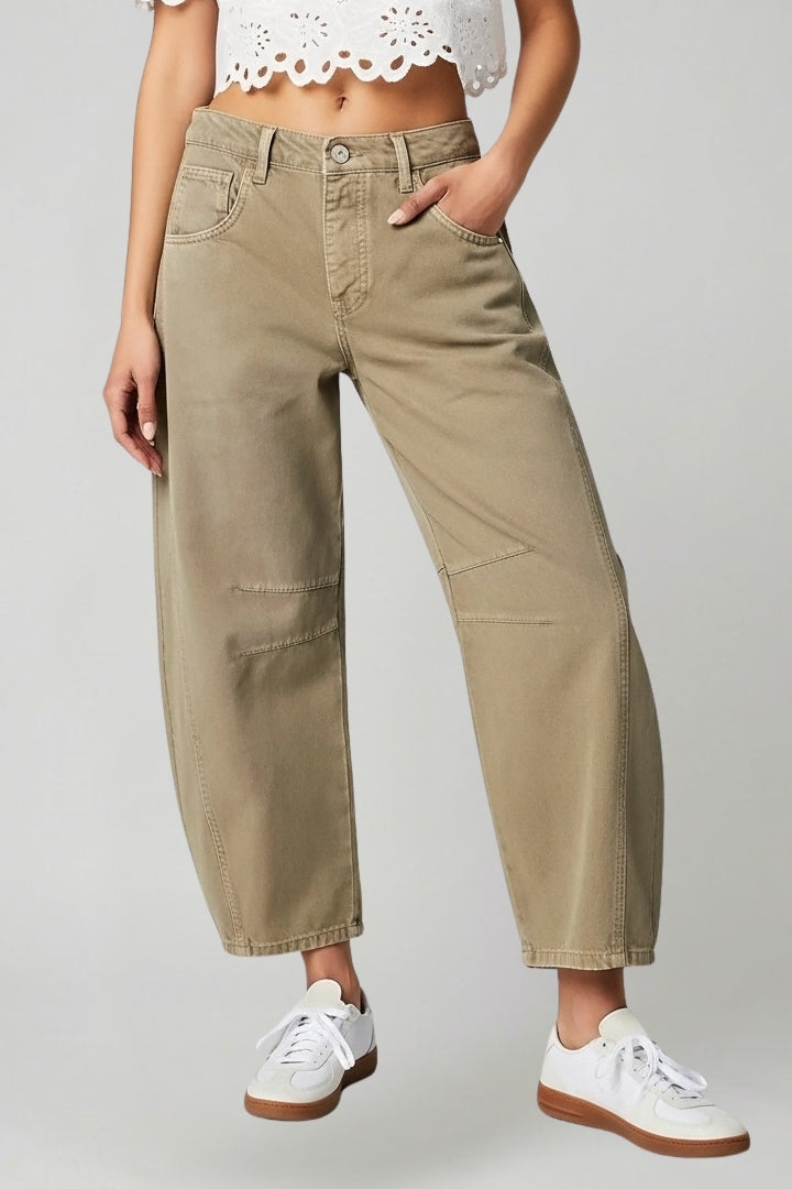Jennifer | Women’s Casual Mid-Waist Denim Jeans with Front Closure – Khaki | The Bellemont Sisters Australia