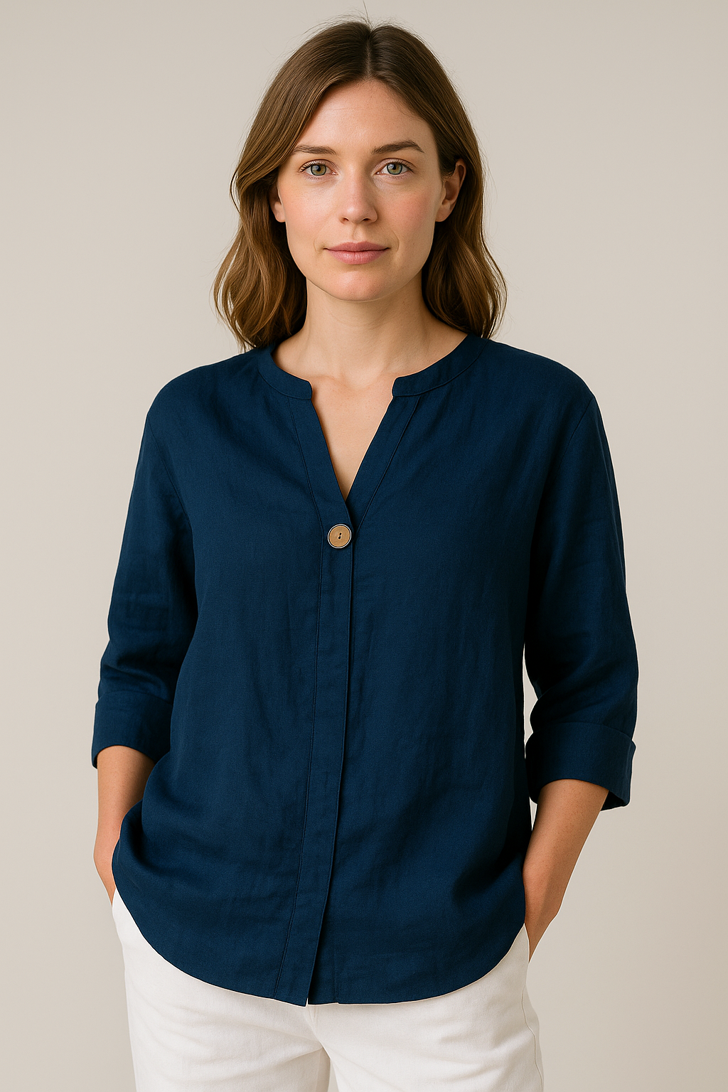 Gabrielle | Women’s V-Neck Button Detail Relaxed Blouse – Navy Blue | The Bellemont Sisters Australia