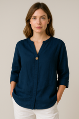 Gabrielle | Women’s V-Neck Button Detail Relaxed Blouse – Navy Blue | The Bellemont Sisters Australia