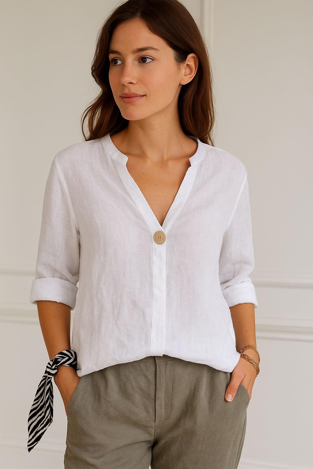 Gabrielle | Women’s V-Neck Button Detail Relaxed Blouse – White | The Bellemont Sisters Australia