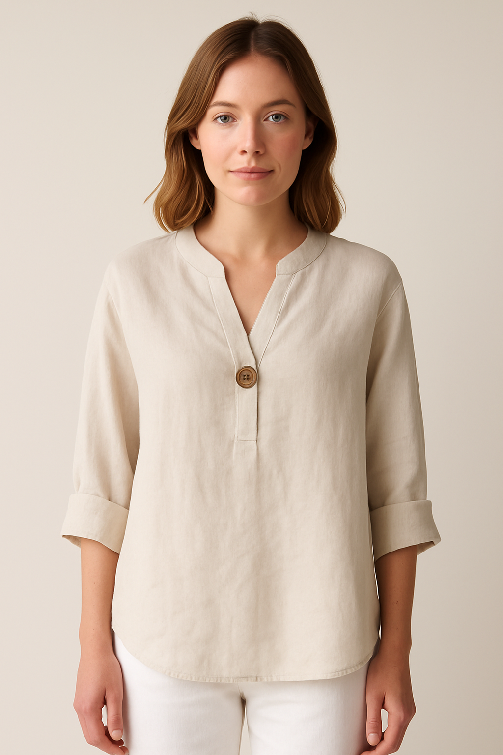 Gabrielle | Women’s V-Neck Button Detail Relaxed Blouse – Beige | The Bellemont Sisters Australia