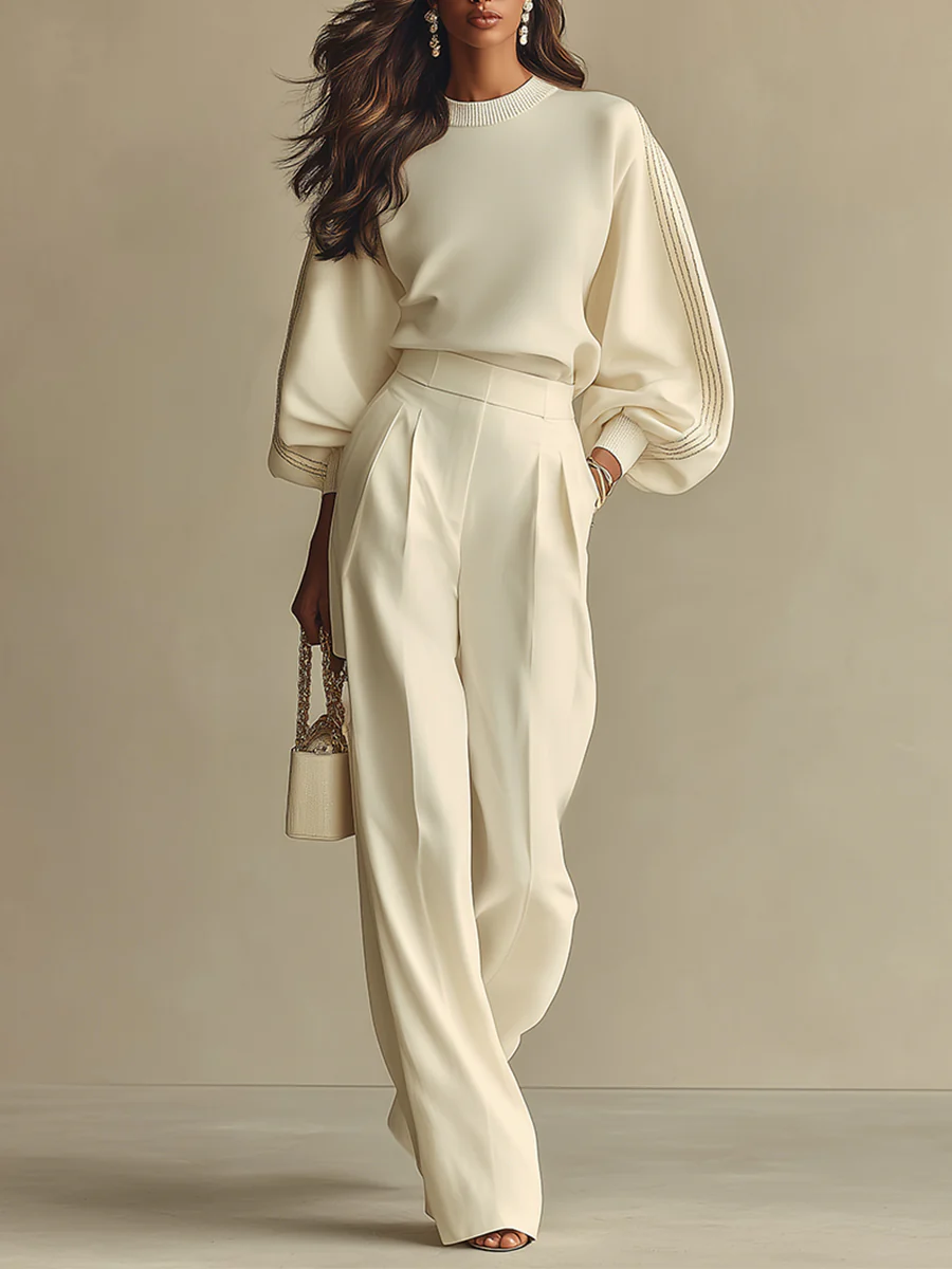 Selena | Ribbed Set with Wide Pants – Ivory | The Bellemont Sisters Australia